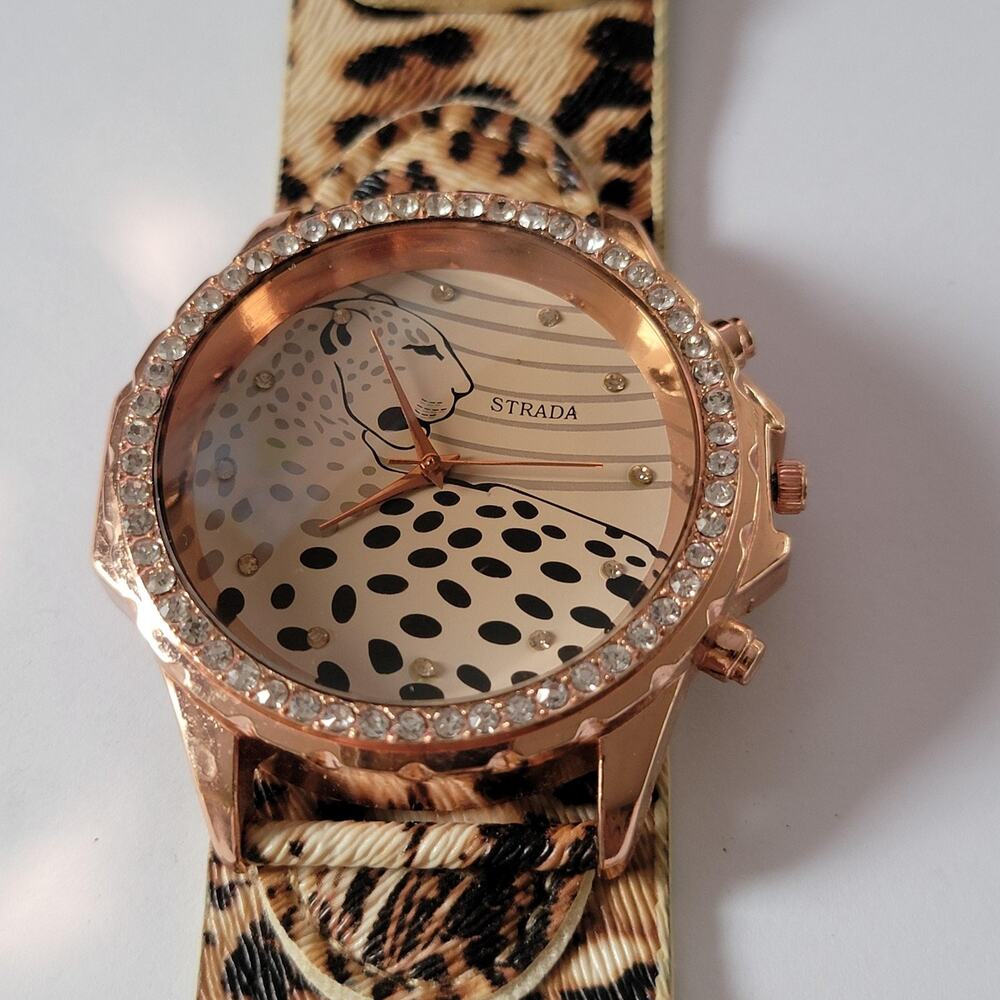 Strada Leopard Print Necklace Watch Rose Gold Tone Crystal Bezel Women Fashion